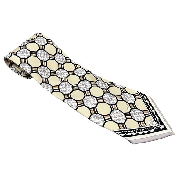 Emilio Pucci Yellow Gray Zig Zag Octagon Geometric Luxury 100% Silk Necktie Tie - Picture 1 of 7
